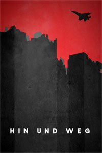 Schwarz-rote Grafik einer Skyline, über welche ein Flugzeug hinweg fliegt. Darunter die Schrift "Hin und Weg".