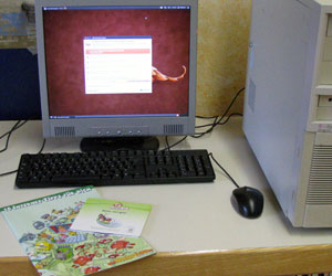 Foto eines Tischs, auf welchem ein Computer, ein Computerbildschirm, eine Maus und eine Tastatur stehen.
