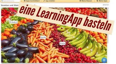 Foto von verschiedenen Obst- und Gemüsesorten, darüber eine Texttafel: eine LearningApp basteln